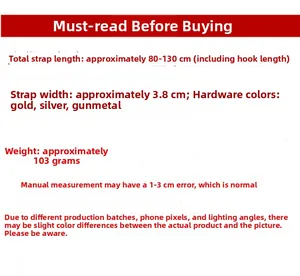 Adjustable 3.8cm wide jacquard strap dimensions showing 80-130cm length and hardware options