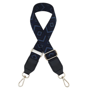 Adjustable wide canvas shoulder strap with blue geometric diamond patterns and gold hooks