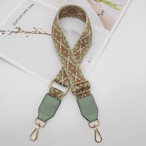 Detail of bohemian jacquard strap with mint green PU leather and gold metal clasps