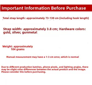 Specifications of 3.8cm leopard strap with 73-130cm adjustable length and hardware details