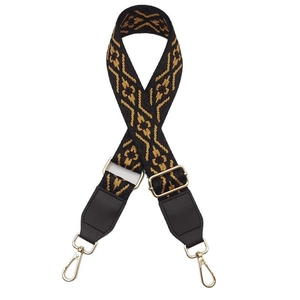 Ethnic bohemian style jacquard woven bag strap with golden metal buckle and leather ends