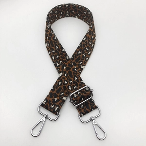 Adjustable wide leopard print replacement shoulder strap with silver metal swivel hooks