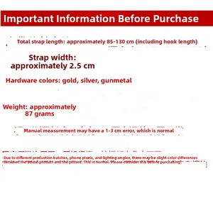 Detailed size chart for bag strap showing length 85-130cm and width 2.5cm specifications