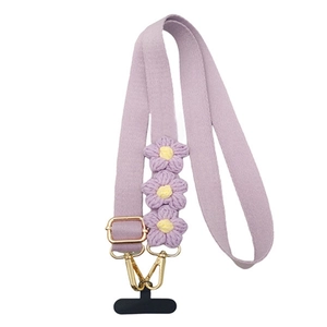 Purple cotton crossbody phone strap with handmade crochet daisy flowers and golden metal hooks