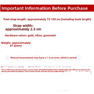Adjustable canvas strap dimensions from 73 to 130cm with width and hardware color guide