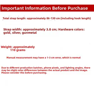 Canvas bag strap details with 3.8cm width and 86-130cm adjustable length specifications