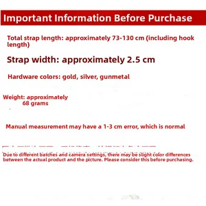 Detailed size chart showing adjustable length 73-130cm and 2.5cm width of leopard strap