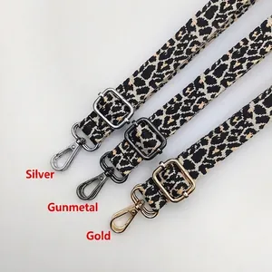 Adjustable leopard print bag strap replacement with silver gunmetal and gold hardware
