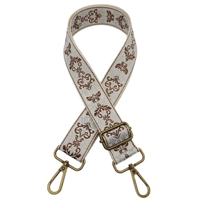 Adjustable vintage embroidered bag strap with brown floral pattern and bronze hardware