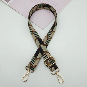 Detail of adjustable geometric woven canvas strap with gold hooks for crossbody bags