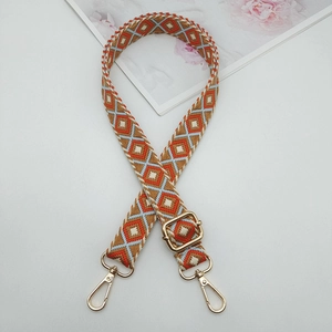 Detail of 2.5cm geometric embroidered shoulder strap with golden metal swivel hooks