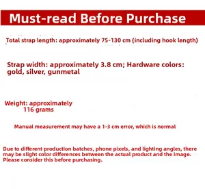 Adjustable 75-130cm colorful bag strap details showing 3.8cm width and hardware colors