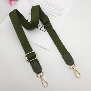 Adjustable dark green thickened nylon bag strap with gold metal buckle and leather ends