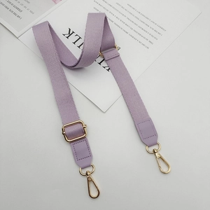 Adjustable light purple cotton bag strap with gold lobster clasps and leather ends