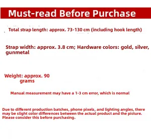 Detailed size specifications for adjustable shoulder strap showing 3.8cm width and length options