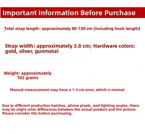 Size chart for adjustable wide bag strap showing 80-130cm length and 3.8cm width details