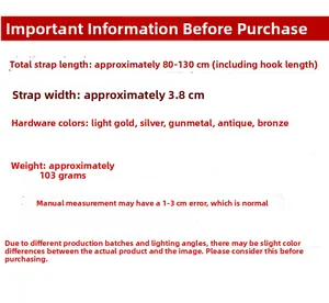 Detailed size guide for 3.8cm wide embroidered shoulder strap with adjustable metal hooks