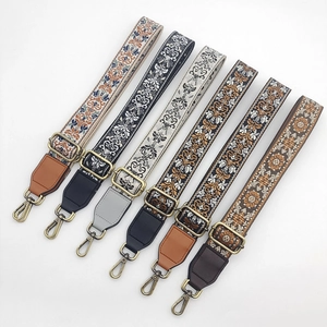 Ethnic Style Bag Strap Wide Adjustable Shoulder Strap Floral Jacquard Crossbody Bag Accessories Replacement For Women Polyester PU Leather