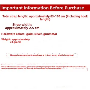 Detailed technical chart showing 2.5cm bag strap dimensions with length 83-130cm