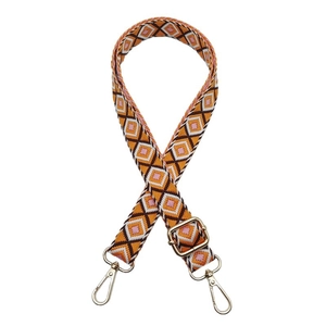 Ethnic geometric diamond weave shoulder strap with adjustable gold metal buckles