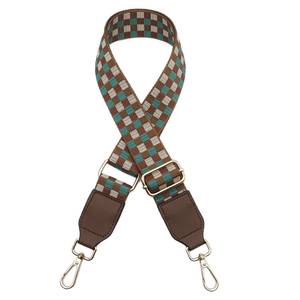 Adjustable wide replacement bag strap with checkered ethnic pattern and gold metal hooks