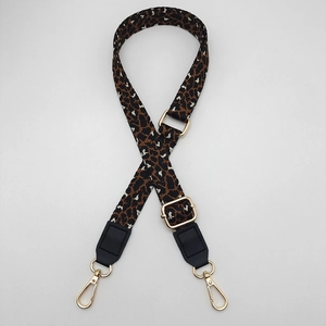 2.5cm leopard print wide bag strap with black leather ends and golden metal clips