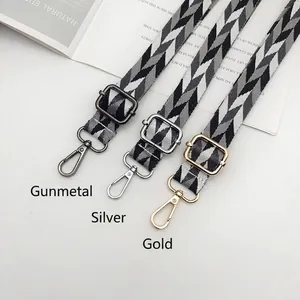 Adjustable geometric woven bag straps in gunmetal, silver and gold hardware finishes