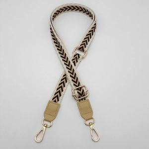 Ethnic woven bag strap with arrow pattern, khaki leather ends and gold metal lobster clasps