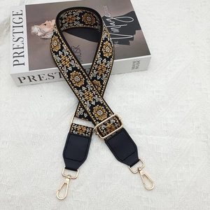 Ethnic style woven wide replacement shoulder strap with gold embroidery and metal hooks