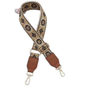 Ethnic style embroidered replacement shoulder strap with floral pattern and gold metal hooks