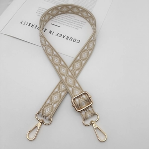 Adjustable khaki geometric jacquard shoulder strap with gold metal buckles for handbags