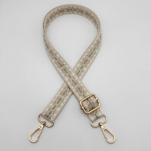 Close-up of geometric woven nylon strap with golden metal lobster clasps and adjusters