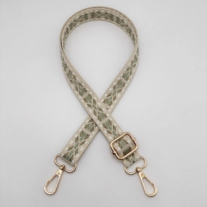 Close-up of woven nylon shoulder strap with geometric patterns and gold metal lobster clasps