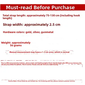 Adjustable bag strap specifications: 75-130cm length, 2.5cm width, and 56g lightweight design