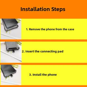 Three-step guide for installing a universal phone strap patch inside a purple phone case