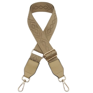 Adjustable geometric jacquard woven bag strap with khaki diamond pattern and gold hooks