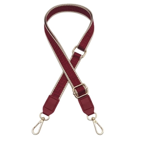 Adjustable burgundy wide bag strap with gold maze pattern and rotating metal hooks