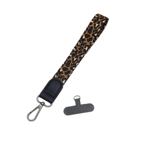 Short leopard print wrist strap for phone with grey anti-lost patch and metal buckle