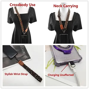 Leopard print crossbody phone lanyard strap with metal hooks and neck hanging design