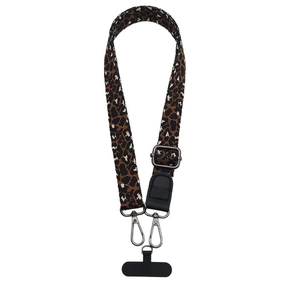 Adjustable leopard print phone lanyard strap with metal hooks and connector pad