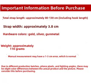 Detailed size chart for adjustable 3.8cm wide shoulder strap with hardware color options