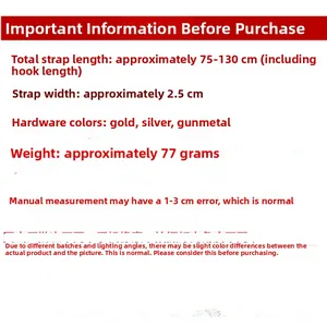 Adjustable PU leather bag strap specifications: 75-130cm length, 2.5cm width, metal hardware