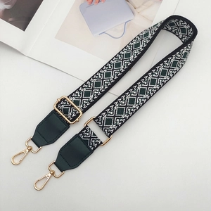 Detail of adjustable geometric jacquard strap with dark green leather and gold hardware