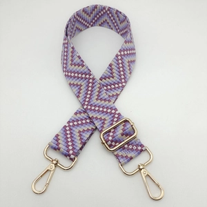 Ethnic geometric woven shoulder strap with purple wave pattern and gold metal hardware