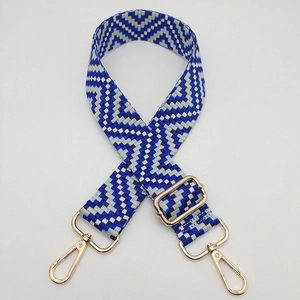 Ethnic geometric woven strap with blue patterns and gold lobster clasps for crossbody bags
