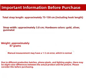 Detailed size chart for bag straps showing adjustable length 73-130cm and width 3.8cm