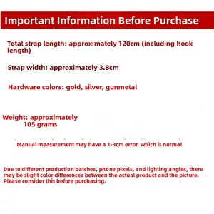 Detailed specs for 120cm length and 3.8cm width bag strap with hardware color options