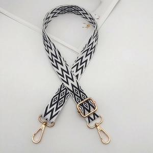 Adjustable black and white geometric wave embroidery bag strap with gold metal hooks