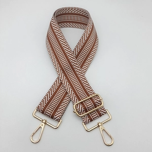 5cm wide ethnic style crossbody strap with brown geometric chevron weaving and gold buckles