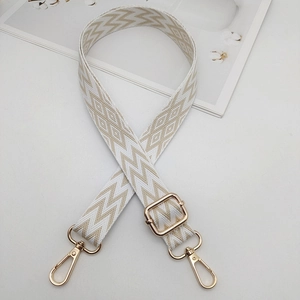 Adjustable geometric embroidered canvas bag strap with golden metal swivel hooks